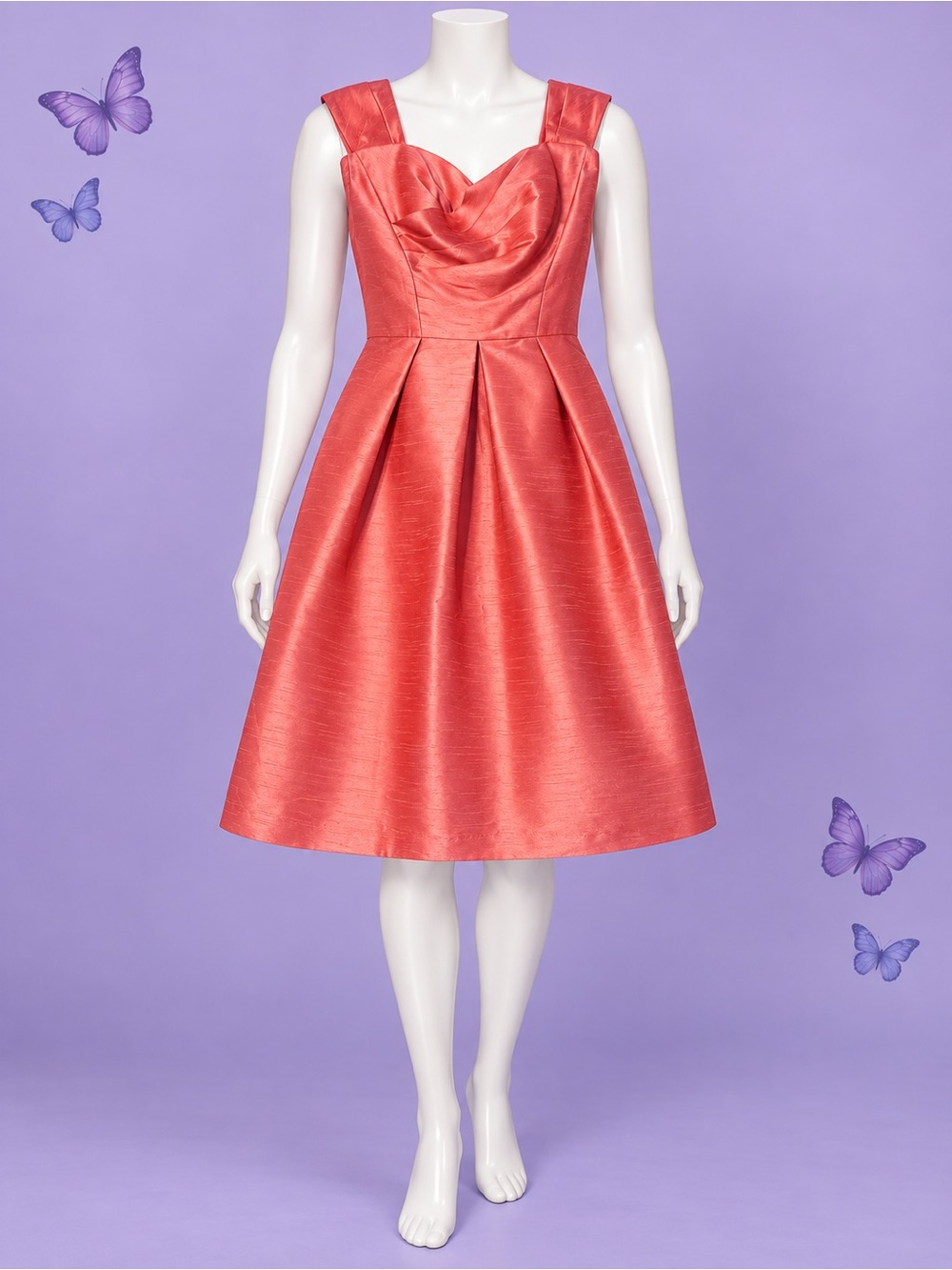 ALFRED SUNG Coral-Red Satin Fit & Flare Midi Dress